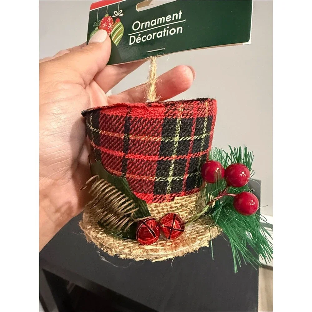 Buffalo Plaid Mini Top Hat Christmas Ornament Rustic Farmhouse Tree Decor